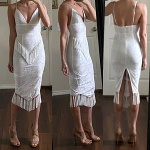 Prettylittlething PLT white lace fringe midi bodycon dress